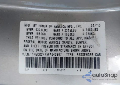 2015 Honda Accord Ex из США, поврежденный, VIN 1HGCR2F75FA242967